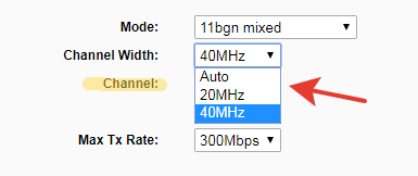 Ширина канала WiFi 40 МГц или 20 МГц